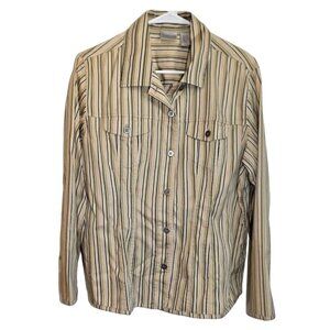 Chico's L tan and green button front shirt no cuffs front pockets straight hem